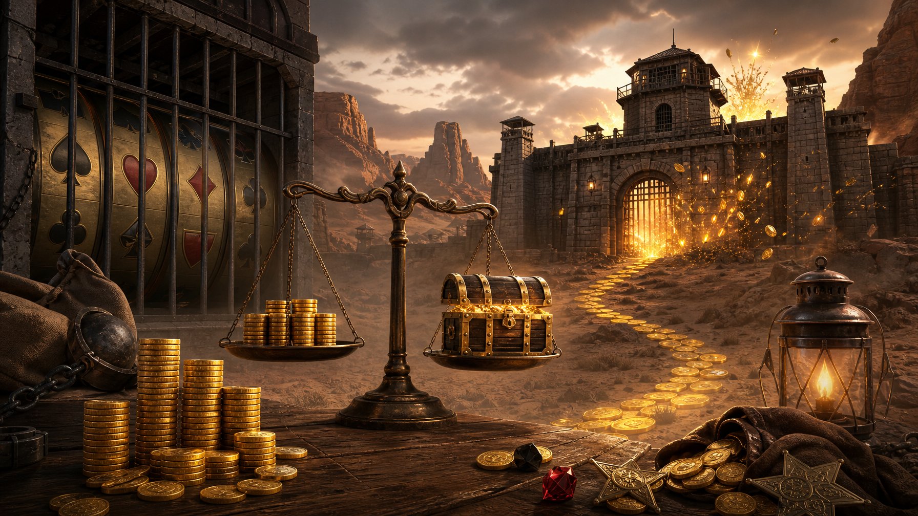 A Desert Prison Fortress Surrounded By Balanced Coin Stacks, Scales, And A Glowing Trail Of Treasure.