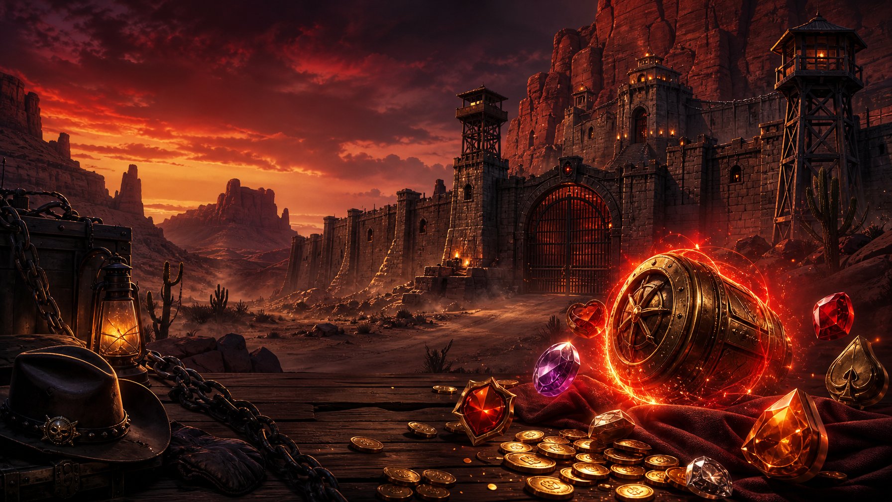 A Dramatic Desert Prison Fortress Surrounded By Canyon Rocks, Gold Coins, And Glowing Gemstones At Twilight.