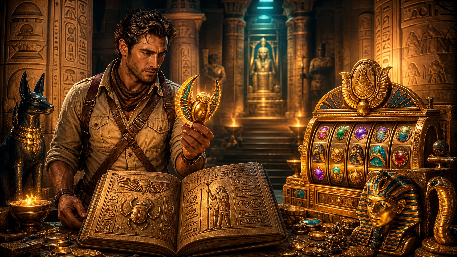 An Explorer Examines A Glowing Artifact And Open Stone Book Inside A Richly Decorated Ancient Egyptian Chamber Surrounded By Golden SlotGame Imagery.