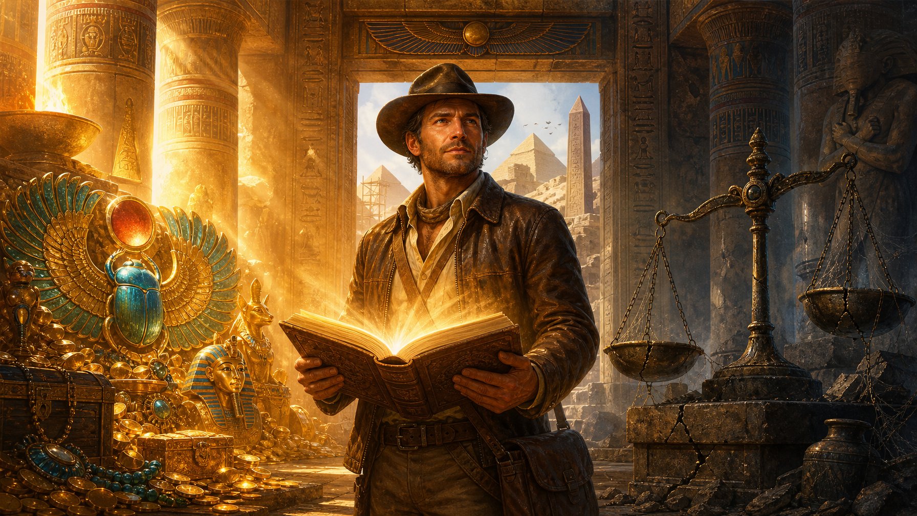 An Explorer Holds A Glowing Artifact Book Inside An Ancient Egyptian Temple, Surrounded By Treasure And Contrasting Shadows.