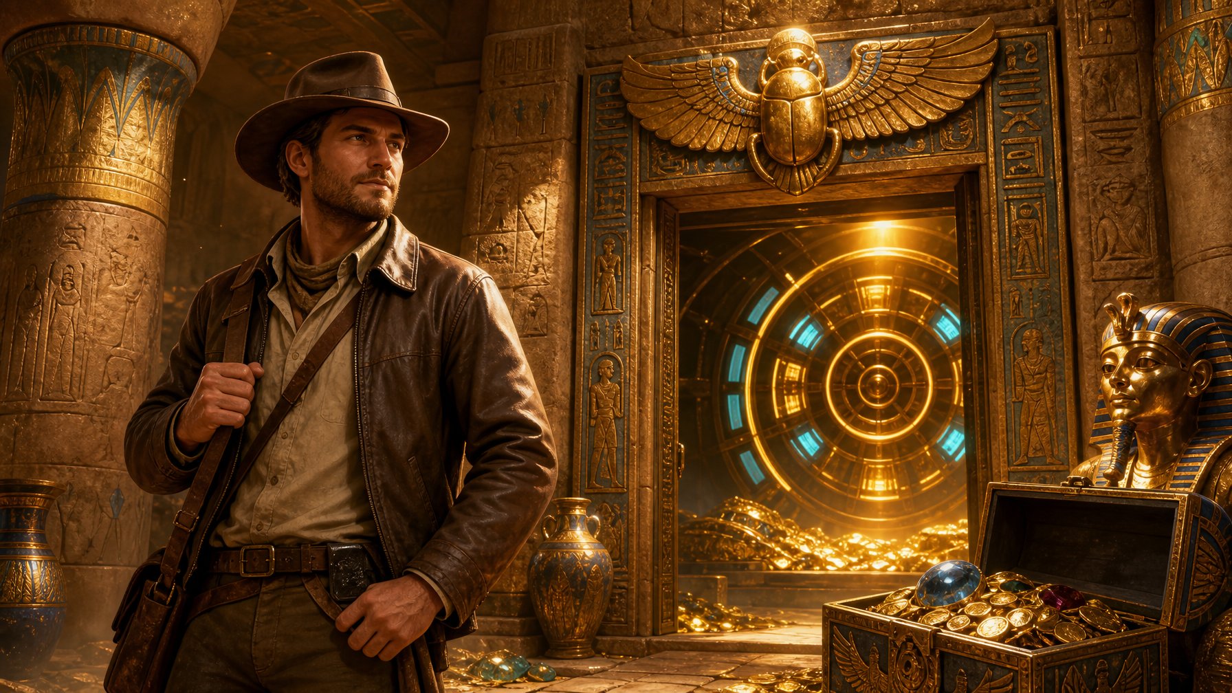 An Explorer Stands In A Glowing Ancient Egyptian Treasure Chamber Beside A Carved Doorway, Treasure Chest, Scarab, And Illuminated Circular Game Elements.