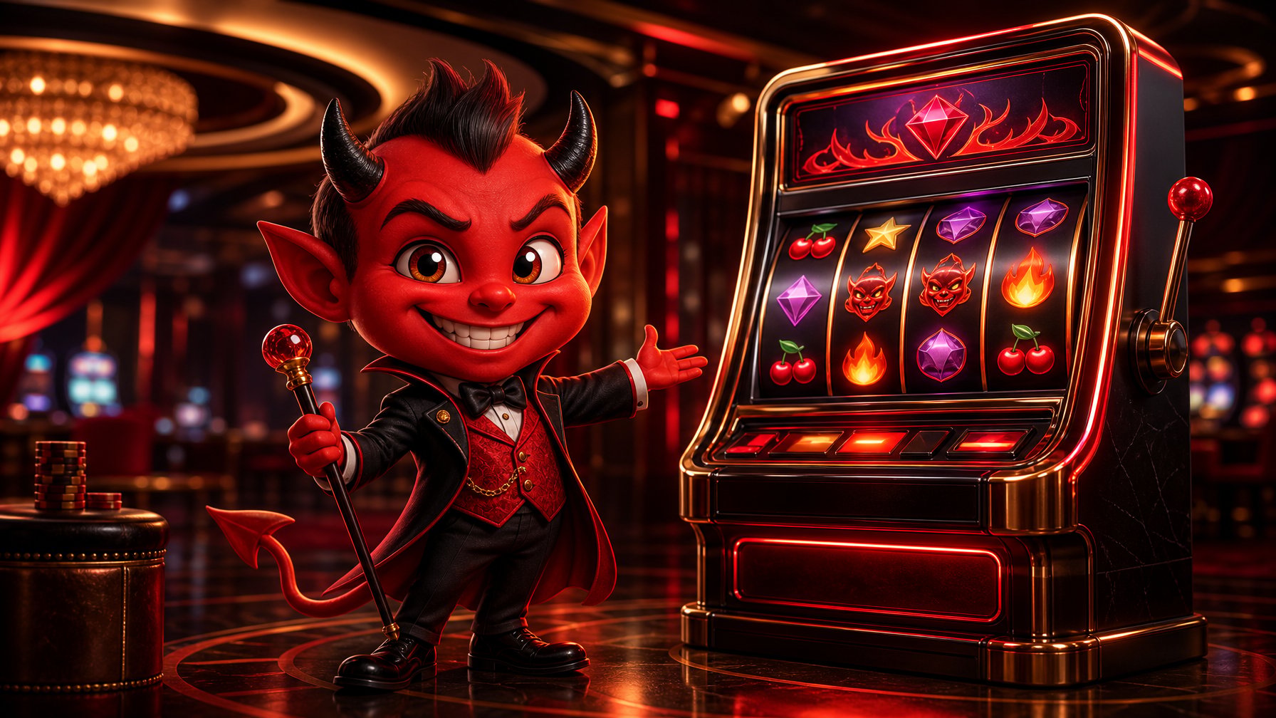 A Playful Little Red Devil Stands Beside A Glowing Slot Machine In A Stylish Casino.