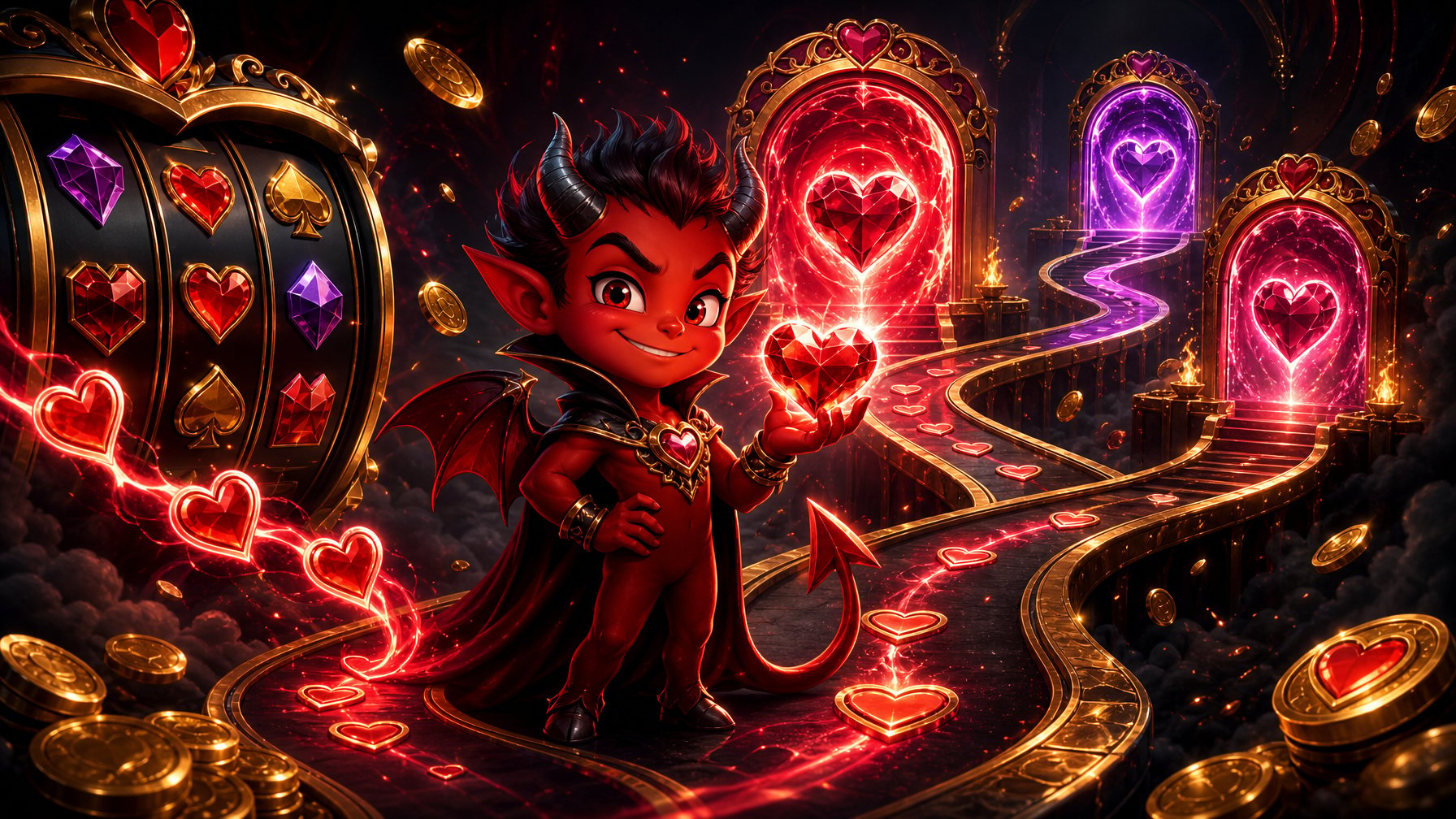 A Playful Little Devil Stands Among Glowing Hearts, Winding Bonus Paths, Ornate Slot Reels, And Sparkling Coins.