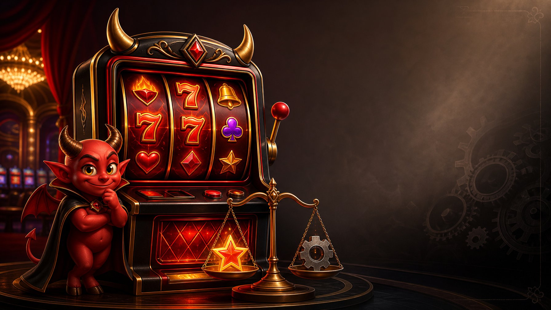 A DevilThemed Slot Machine Glowing In A Dark Casino Setting, With Contrasting Bright Reels And Shadowed Mechanical Details.