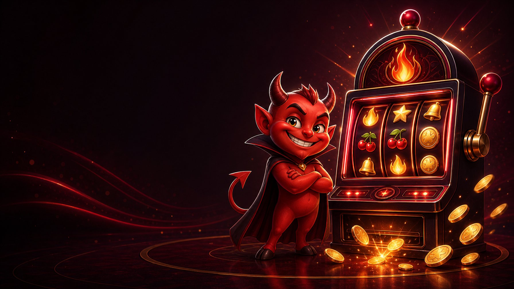 A Mischievous Red Devil Stands Beside A Colorful Casino Slot Machine With Glowing Reels And Flying Coins.