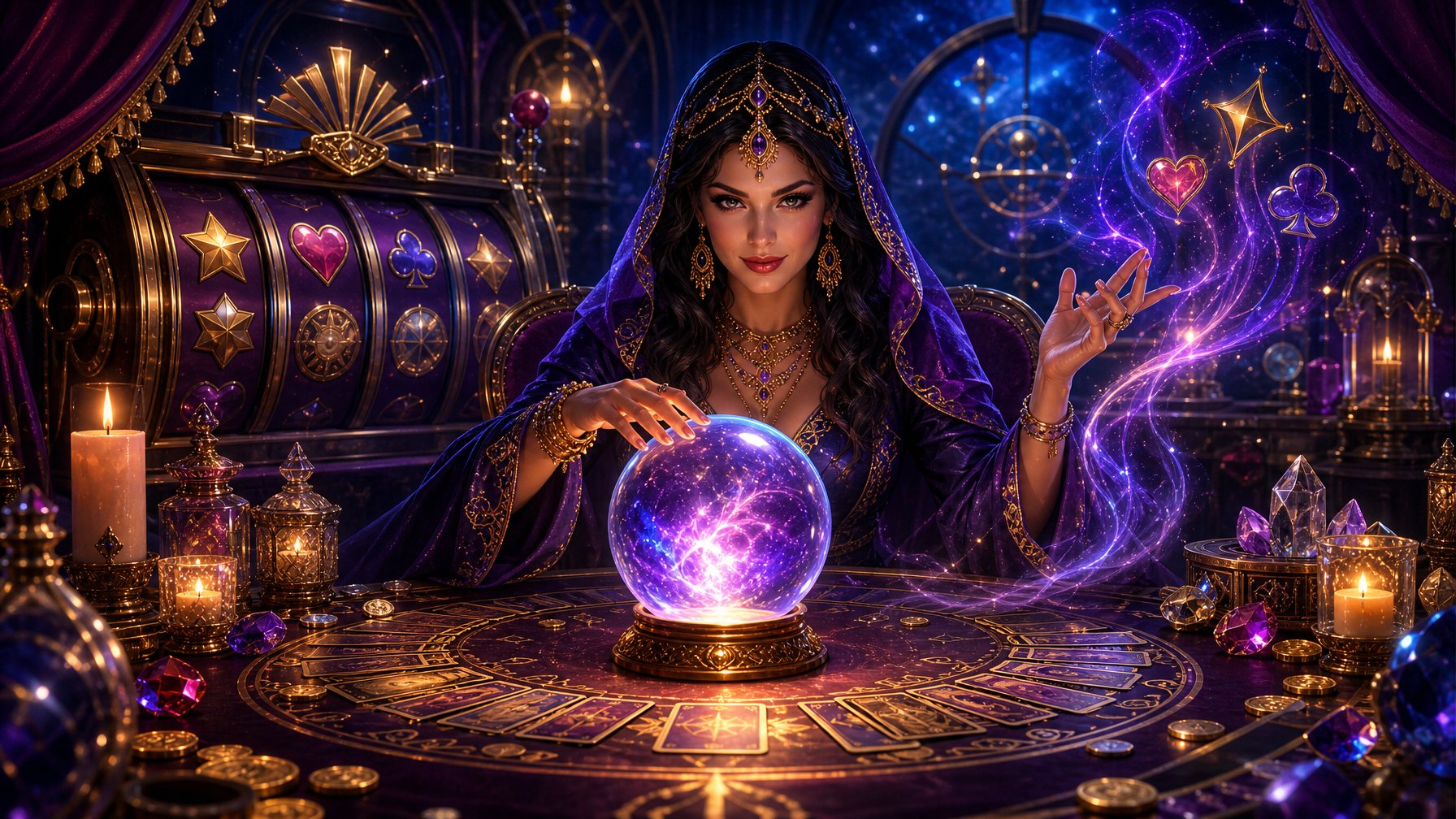 A FortuneTeller Sits At An Ornate Table With A Glowing Crystal Ball, Tarot Cards, Candles, Coins, And Gemstones In A Mystical Parlor.