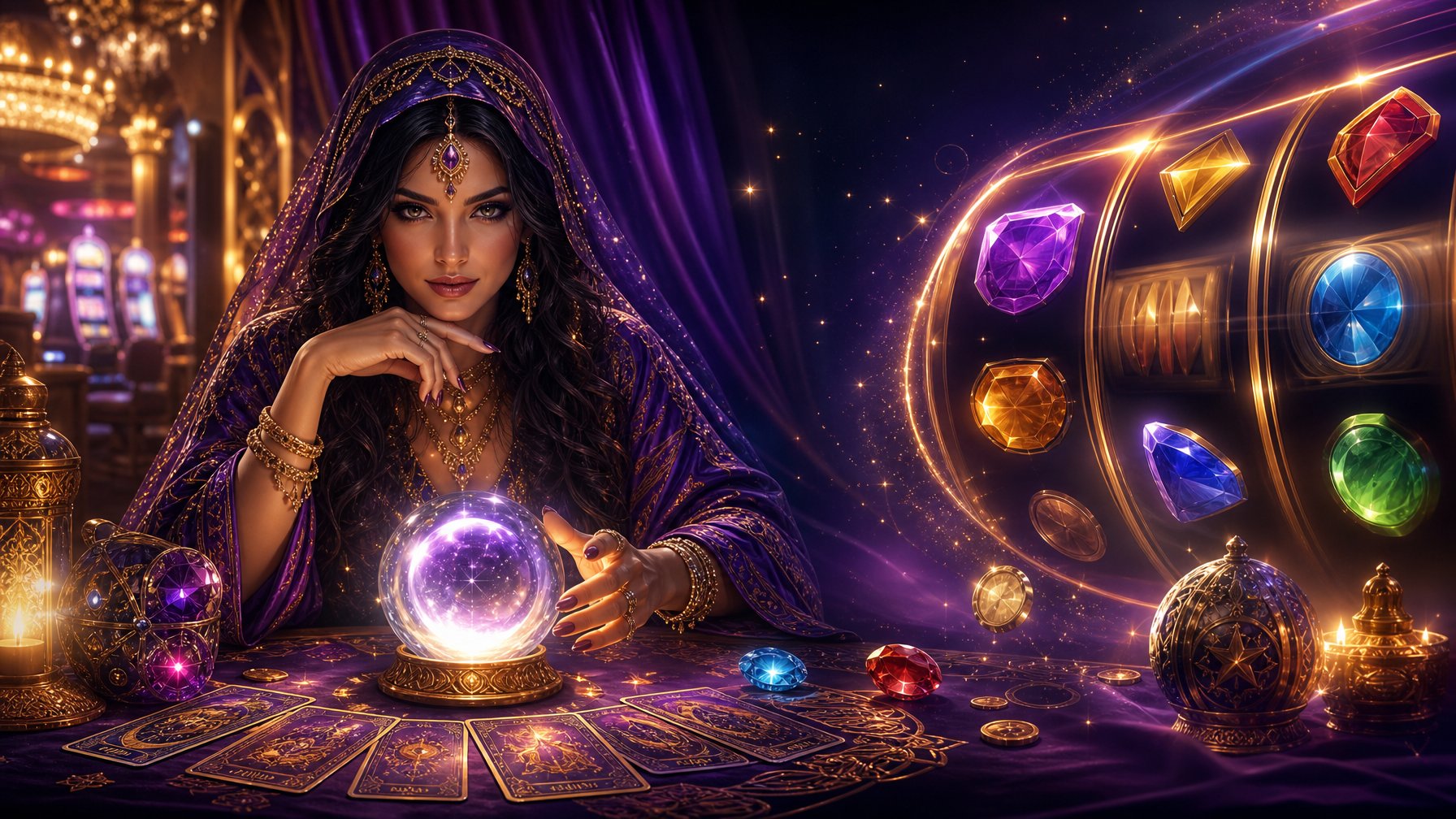 A FortuneTeller Sits At A Decorated Table Surrounded By Tarot Cards, A Crystal Ball, Stars, And CasinoInspired Lights.