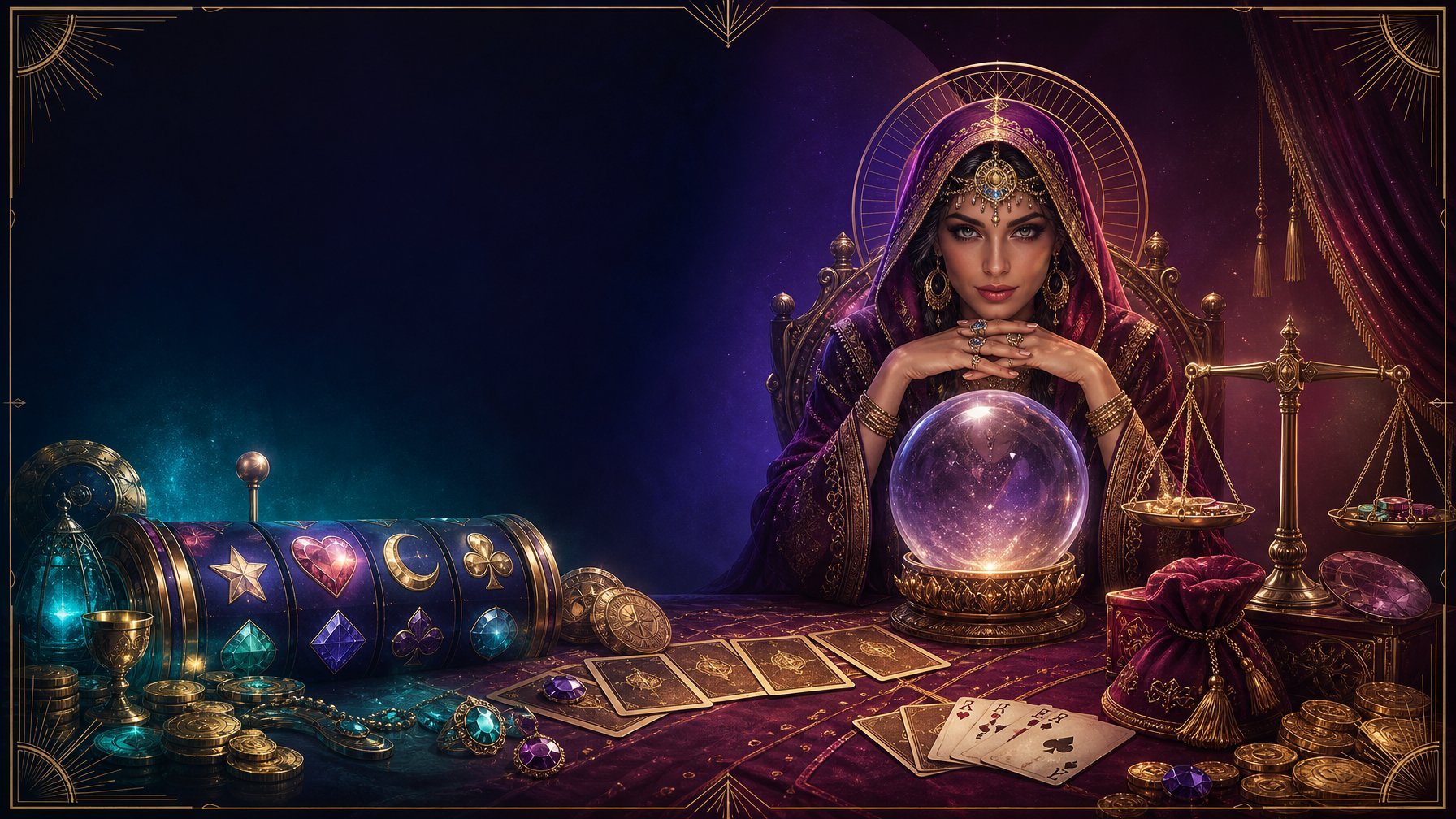A FortuneTeller Figure Sits Behind A Crystal Ball And Tarot Table In An Ornate Casino Scene With Cards, Coins, Glowing Reels, And Balanced Scales.
