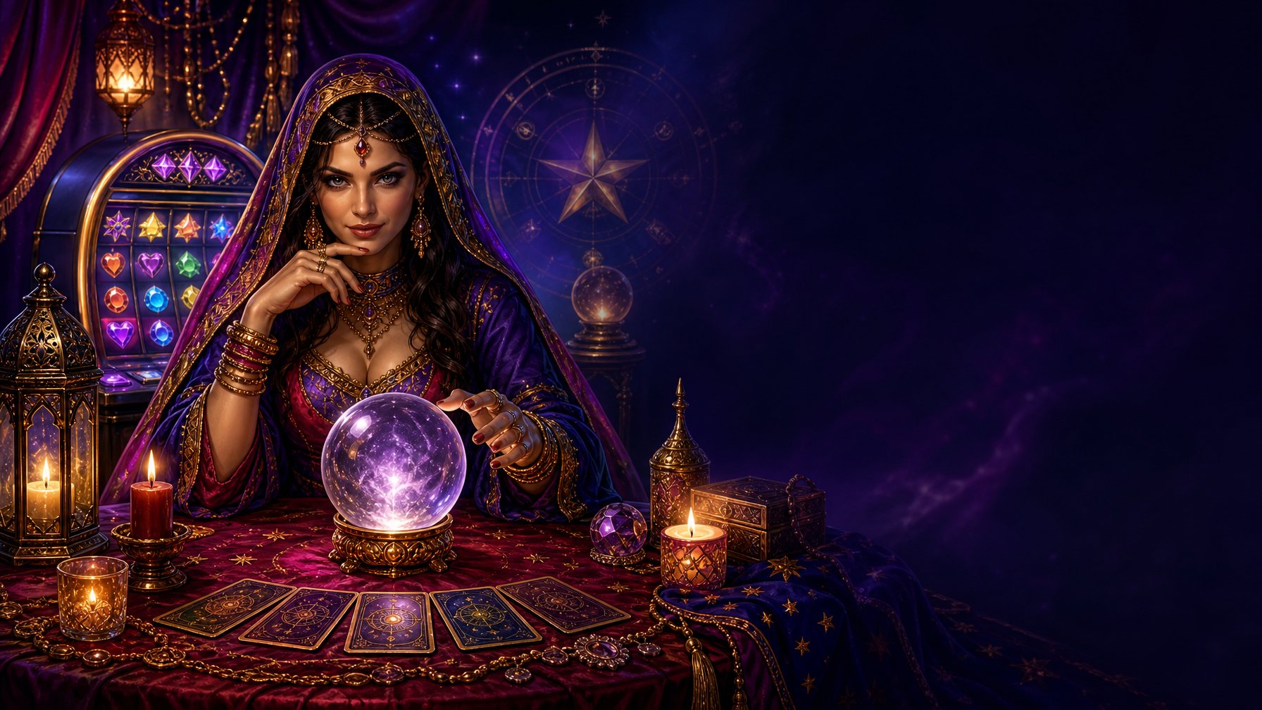 A Mysterious FortuneTeller Sits At An Ornate Table Beside A Glowing Crystal Ball, Tarot Cards, Candles, And Colorful SlotGame Elements.
