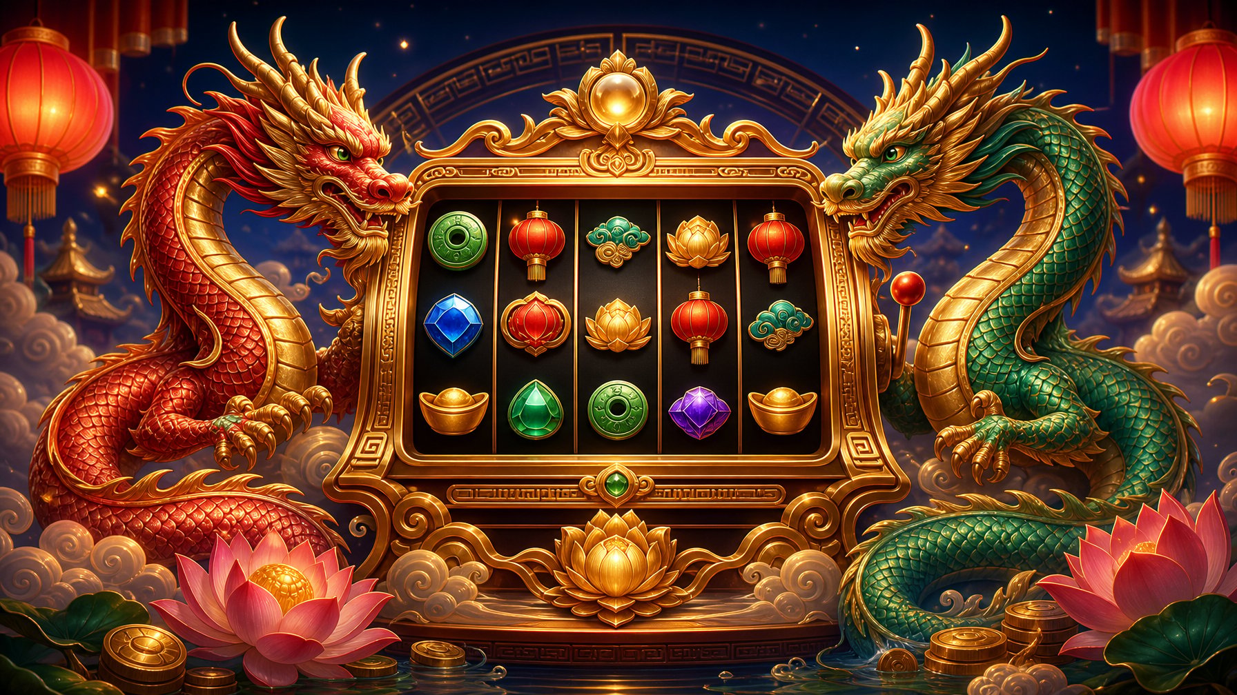 Two Elegant Dragons Surround A Richly Decorated Golden Slot Machine In A Colorful LanternLit Casino Setting.