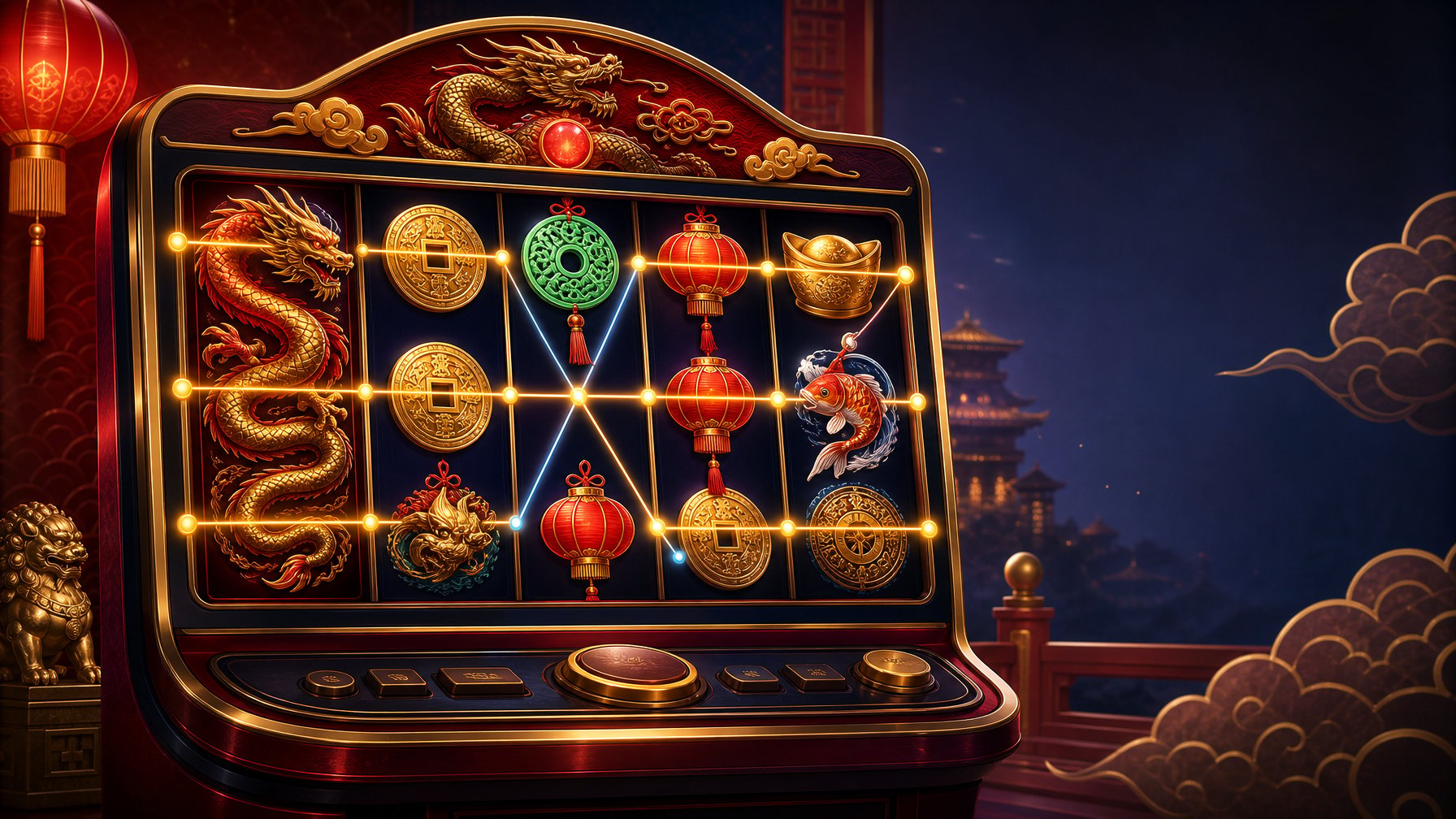 A ChineseInspired Slot Machine Displays Dragon, Coin, Lantern, Jade, And Koi Symbols Across Glowing Reels And Paylines.