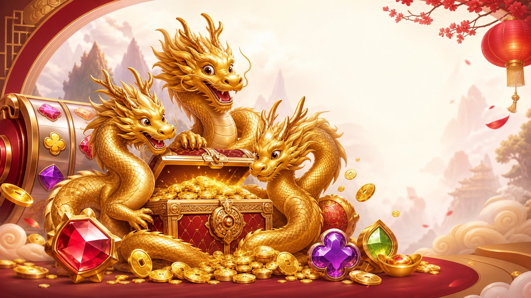 Three Golden Dragons Surround A Treasure Chest With Glowing Coins In A Richly Decorated Red And Gold Scene.