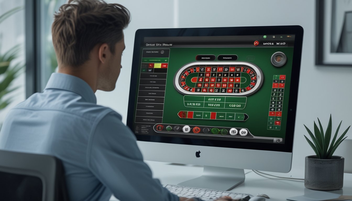 Seseorang menganalisis simulasi taruhan roulette online dengan chip yang meningkat di layar komputer.