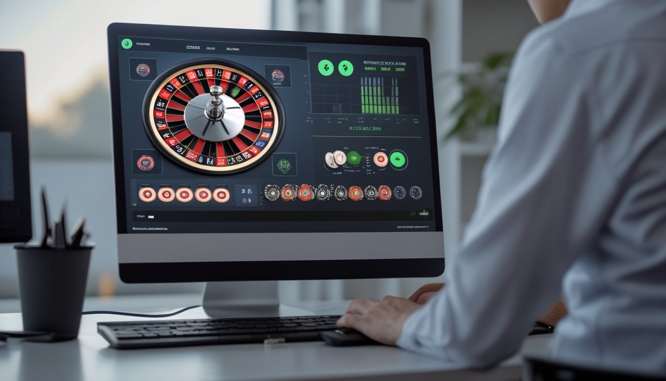 Seseorang mengamati simulasi permainan roulette daring dengan susunan chip taruhan di depan layar komputer.