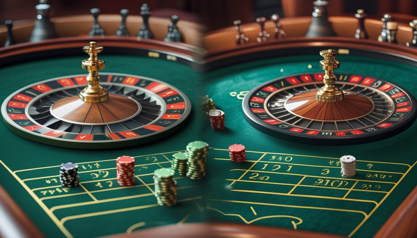 Dua meja roulette berdampingan, dengan satu roda memiliki satu angka nol hijau dan roda lainnya memiliki angka nol serta nol ganda.