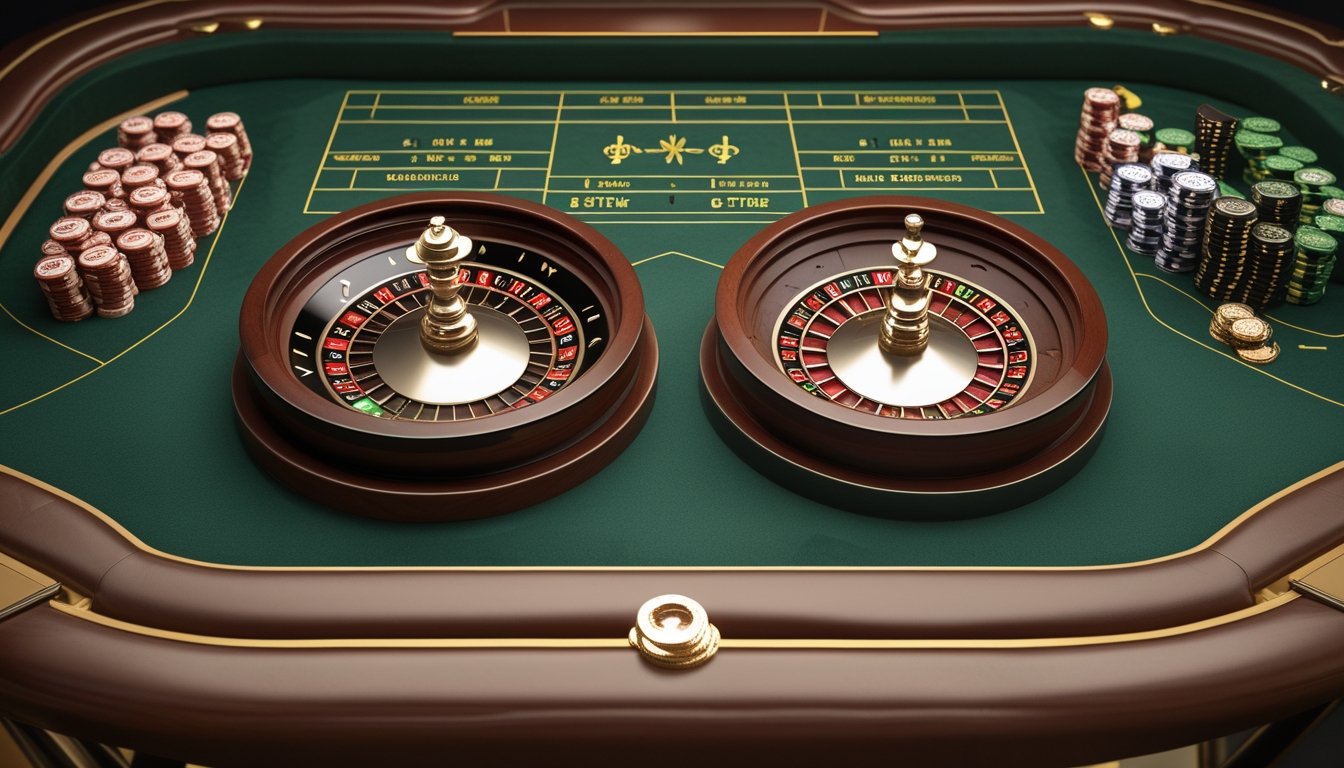 Dua roda roulette berdampingan di atas meja kasino, dengan satu kantong hijau pada roda kiri dan dua kantong hijau pada roda kanan.