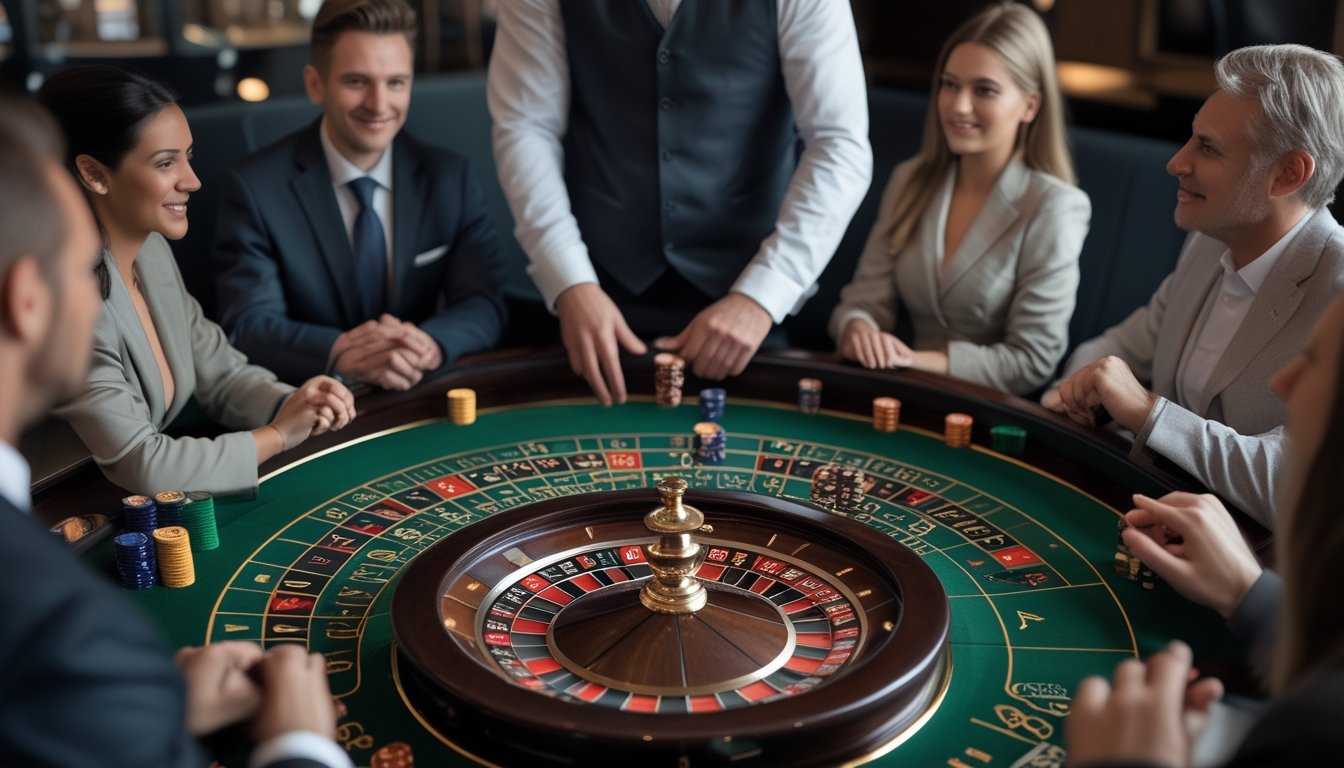 Dealer dan beberapa pemain dewasa bermain roulette di meja kasino dengan roda roulette dan keping taruhan.
