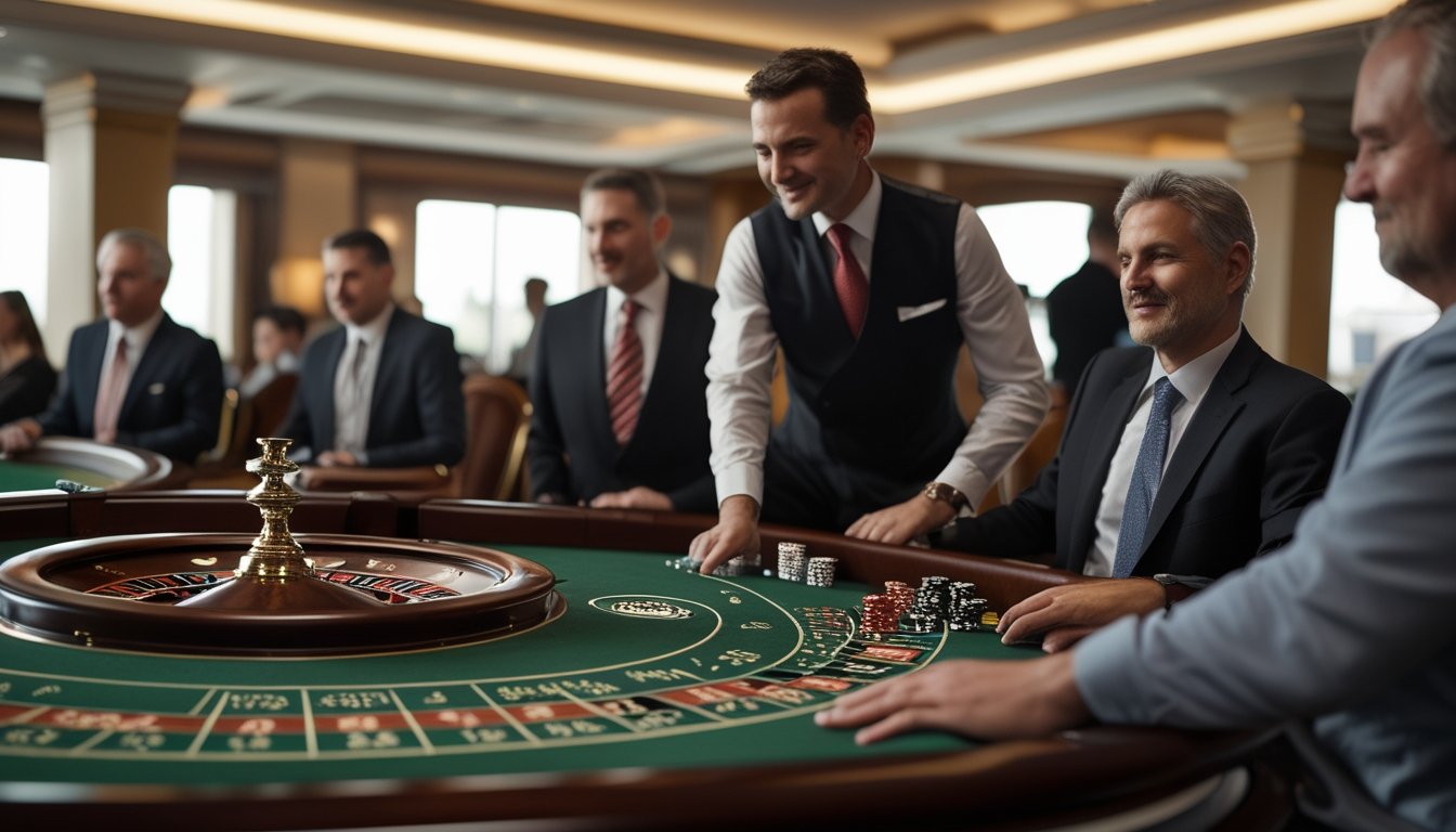Dealer memandu permainan roulette langsung dengan beberapa pemain yang memasang chip bernilai rendah di meja kasino.