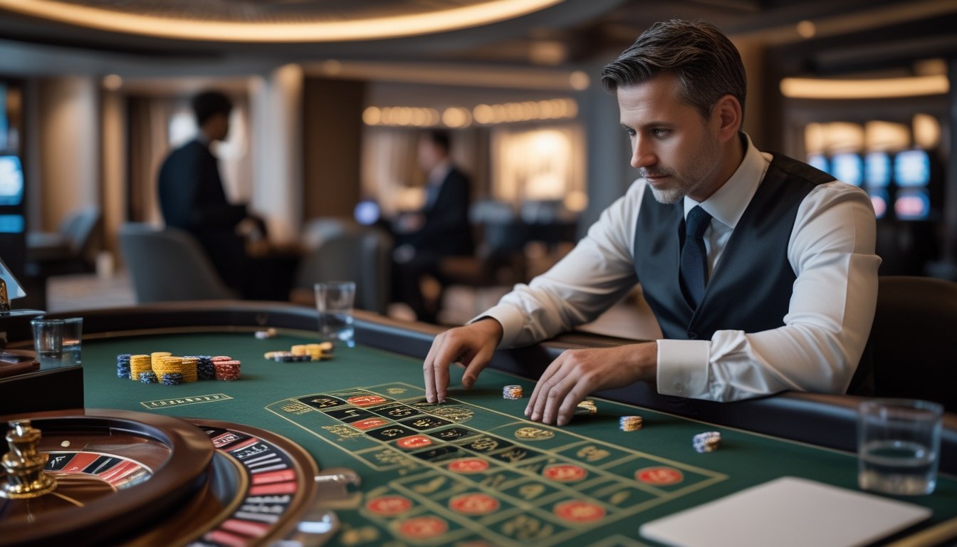 Seorang pemain roulette tampak tenang dan fokus saat menyiapkan taruhan kecil di meja kasino.