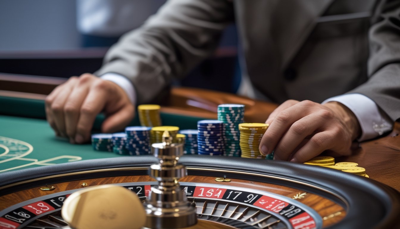 Pemain roulette duduk tenang dengan sejumlah kecil chip di meja permainan.