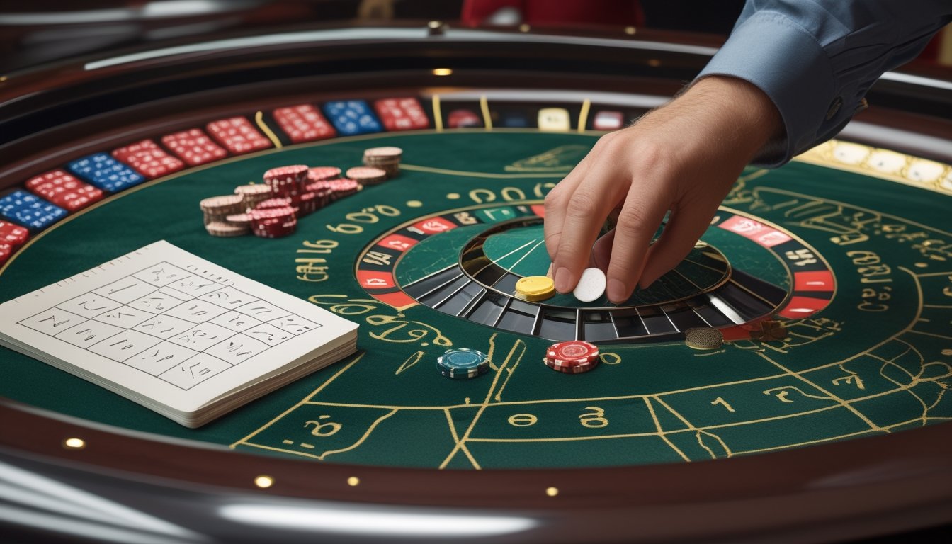 Tangan pemain menempatkan keping taruhan bernilai rendah di meja roulette dengan roda roulette dan susunan keping lainnya.