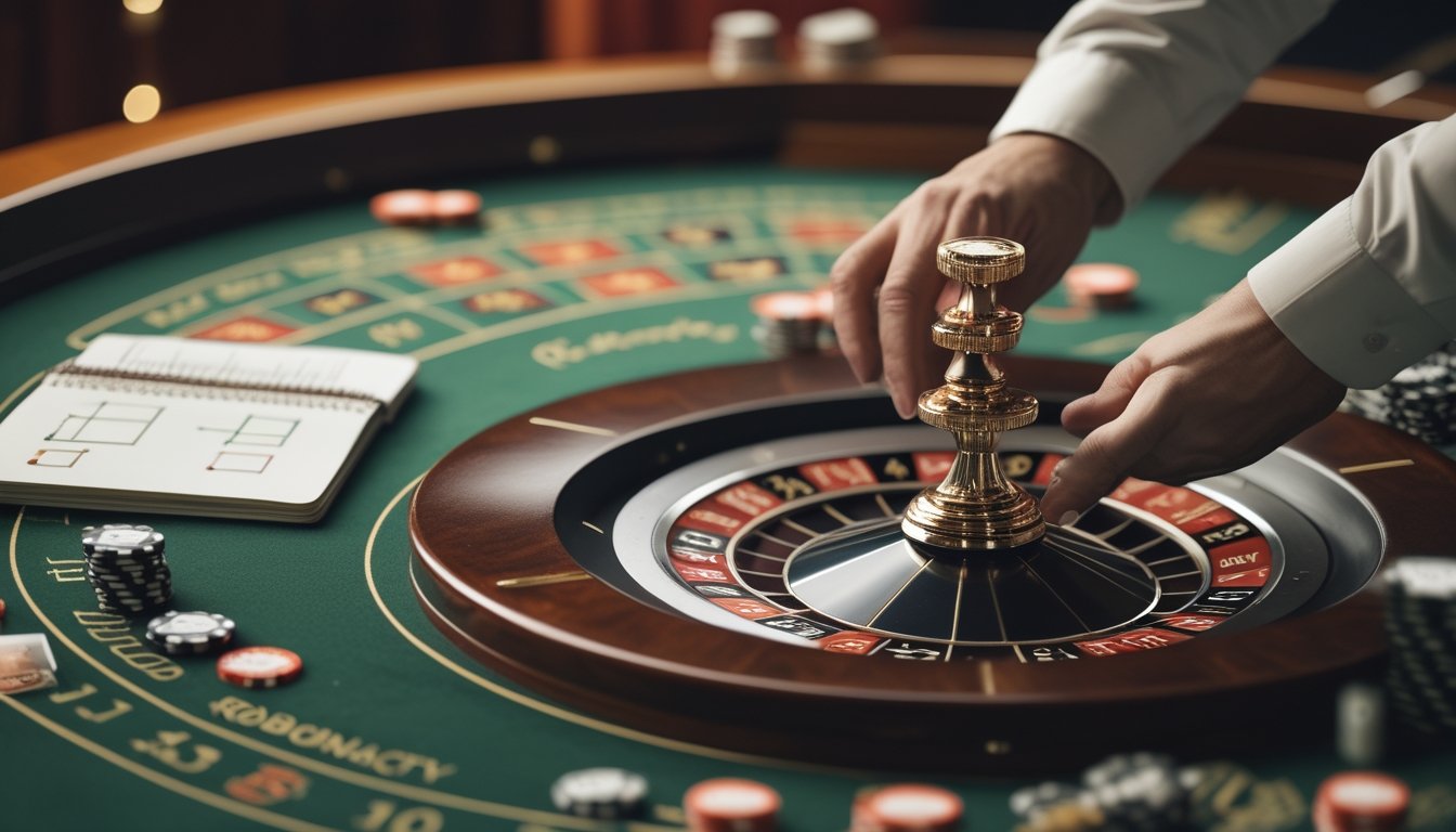 Tangan pemain menata keping taruhan kecil di atas meja roulette dengan roda roulette dan catatan perencanaan di dekatnya.