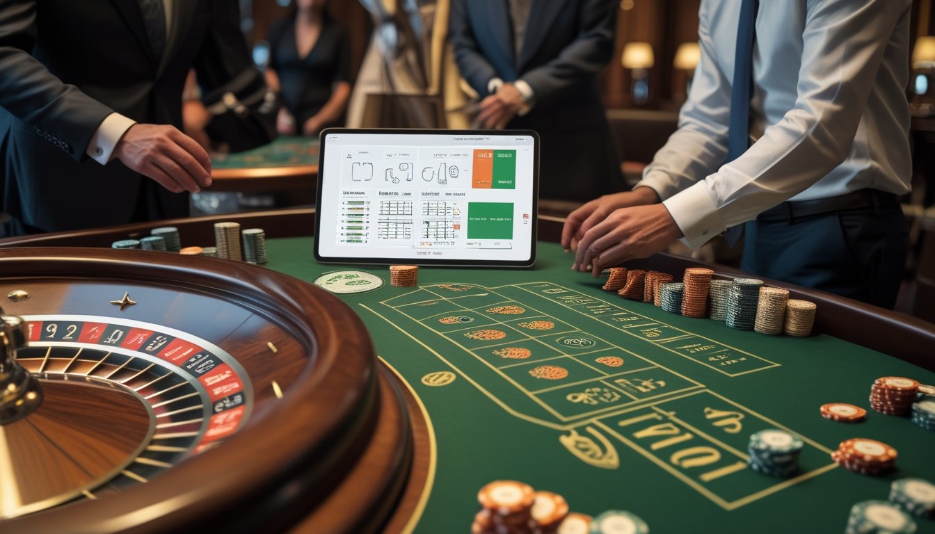 Suasana kasino dengan meja roulette, keping taruhan bernilai rendah, dan pemain yang membandingkan pilihan meja.