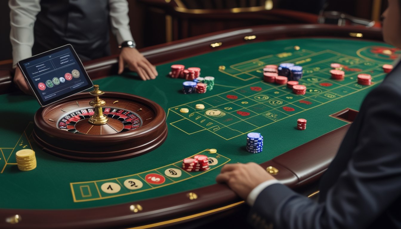 Meja roulette dengan taruhan bernilai rendah, roda roulette, keping taruhan, dan dealer di dalam kasino.