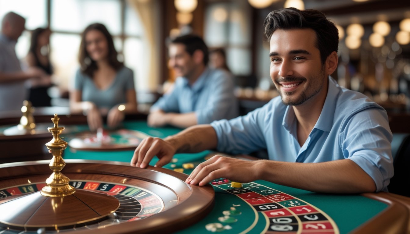 Pemain casual memasang taruhan kecil di meja roulette dalam suasana kasino yang santai.