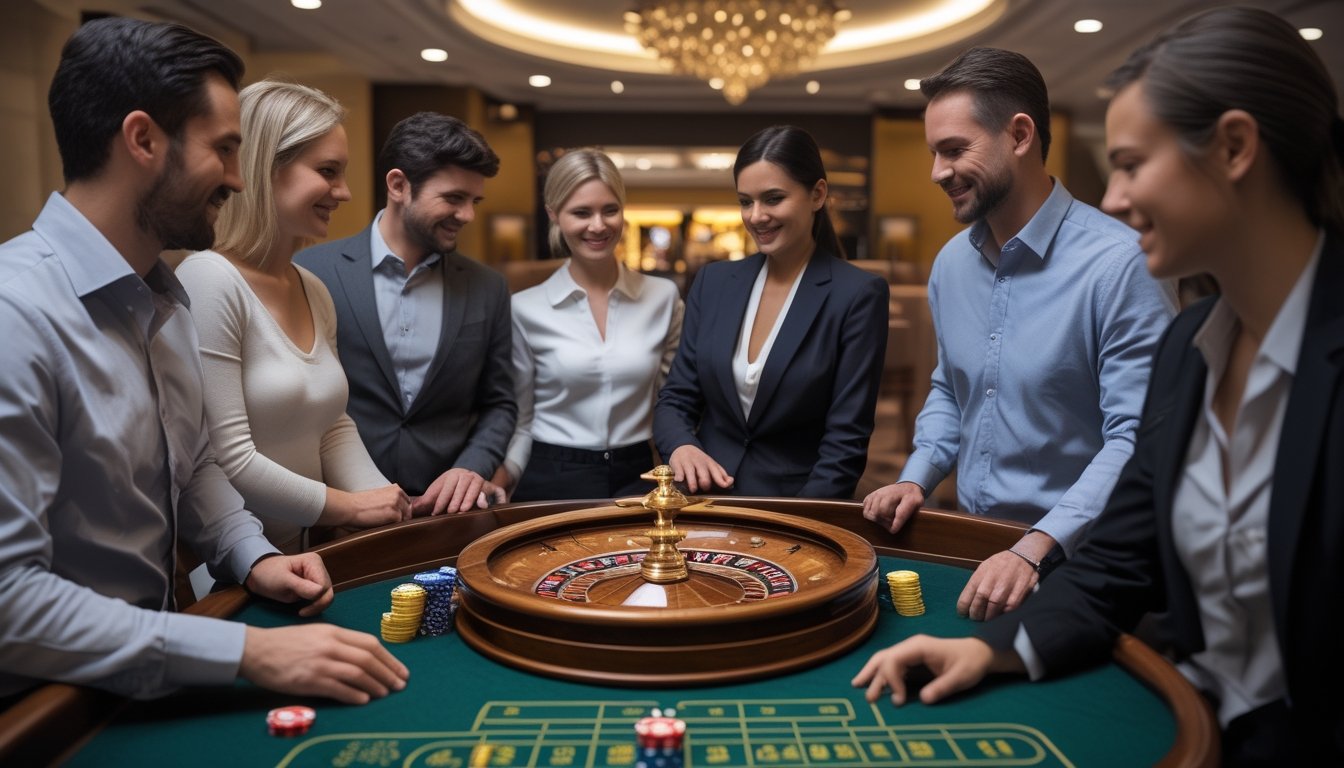 Pemain dewasa santai bermain roulette dengan taruhan kecil di meja kasino.