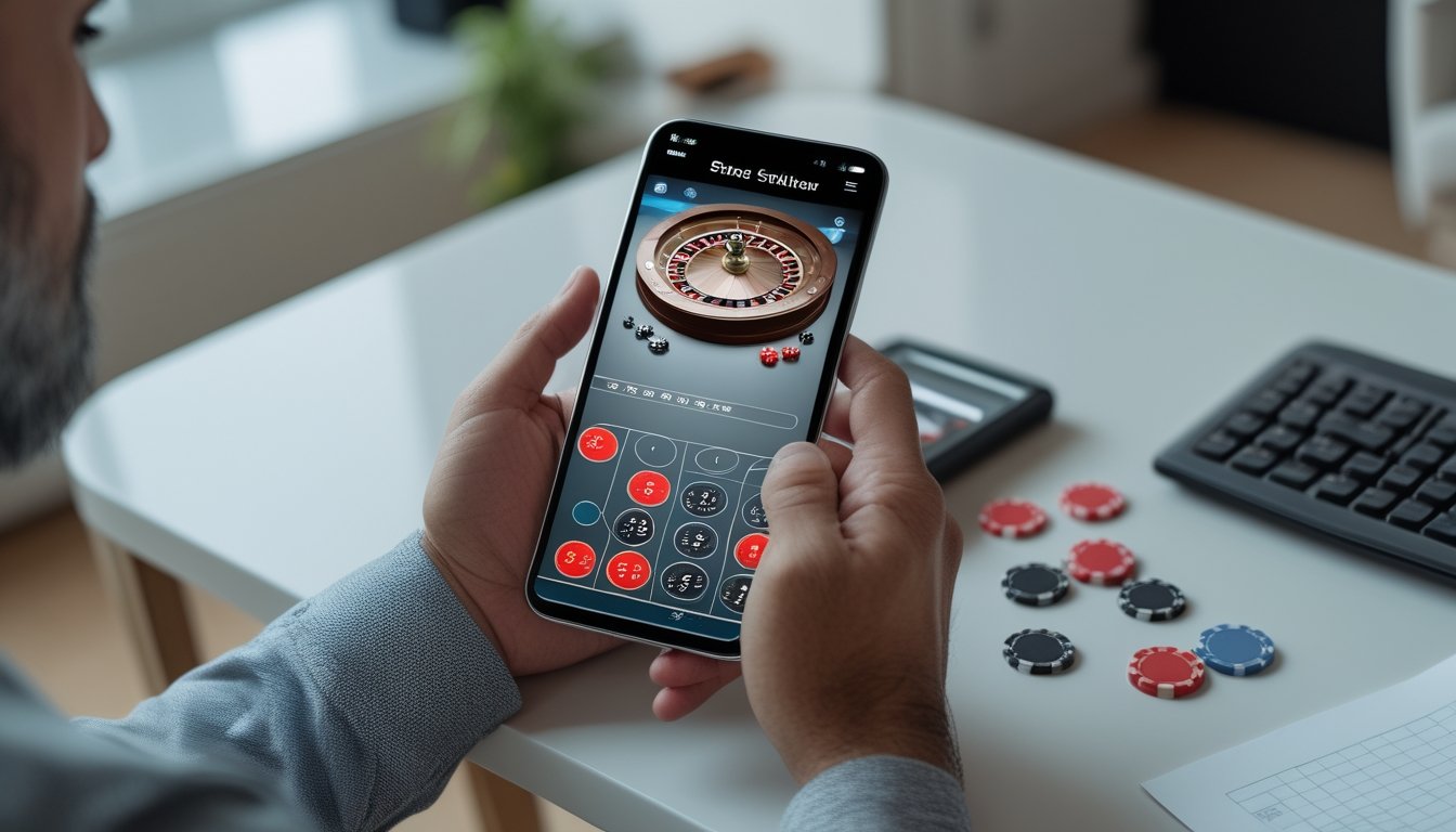 Orang dewasa bermain roulette berlimit rendah melalui ponsel di meja dengan beberapa chip dan catatan anggaran.