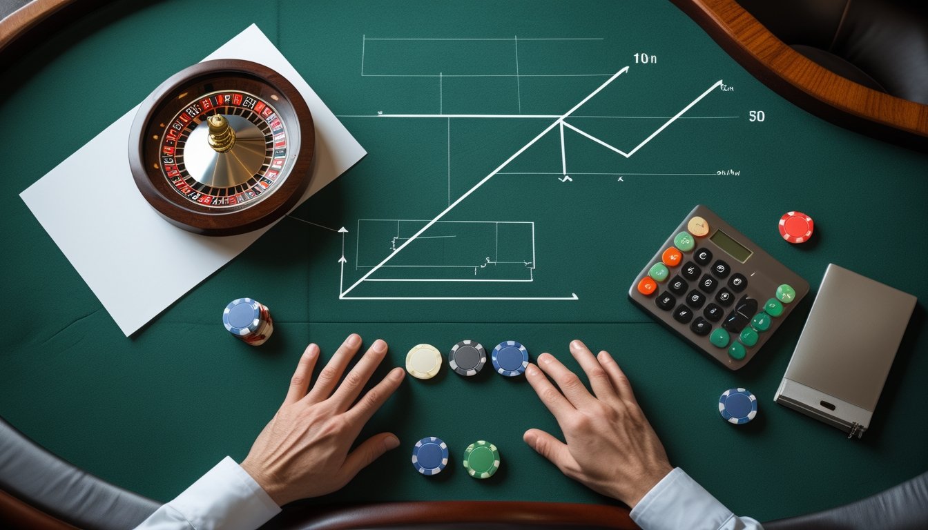 Meja roulette dengan roda roulette, keping taruhan bernilai rendah, kalkulator, dan catatan analisis.