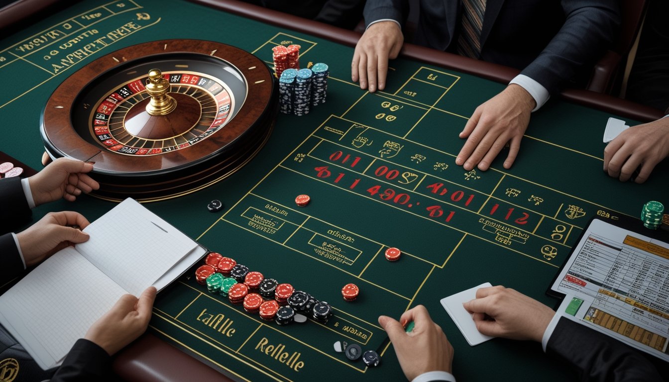 Meja roulette dengan roda roulette, keping taruhan bernilai kecil, kalkulator, dan tangan pemain yang sedang menganalisis taruhan.