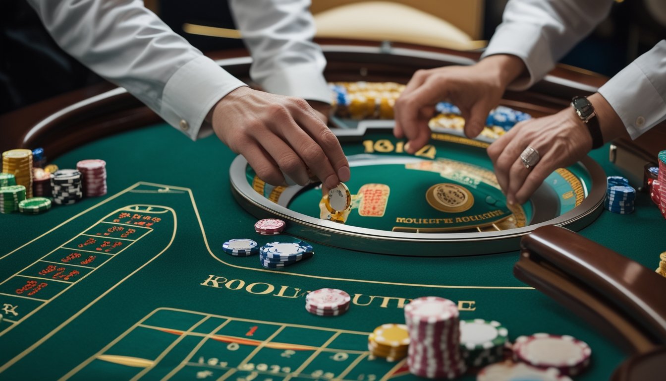Tangan pemula menempatkan chip bernilai kecil di meja roulette dengan roda roulette dan dealer di latar belakang.