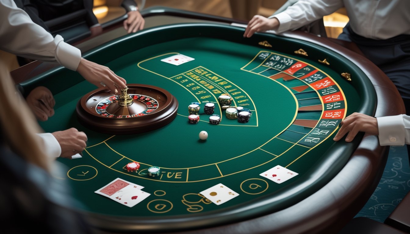 Meja roulette dengan roda roulette, bola, dan keping taruhan bernilai rendah di kasino.