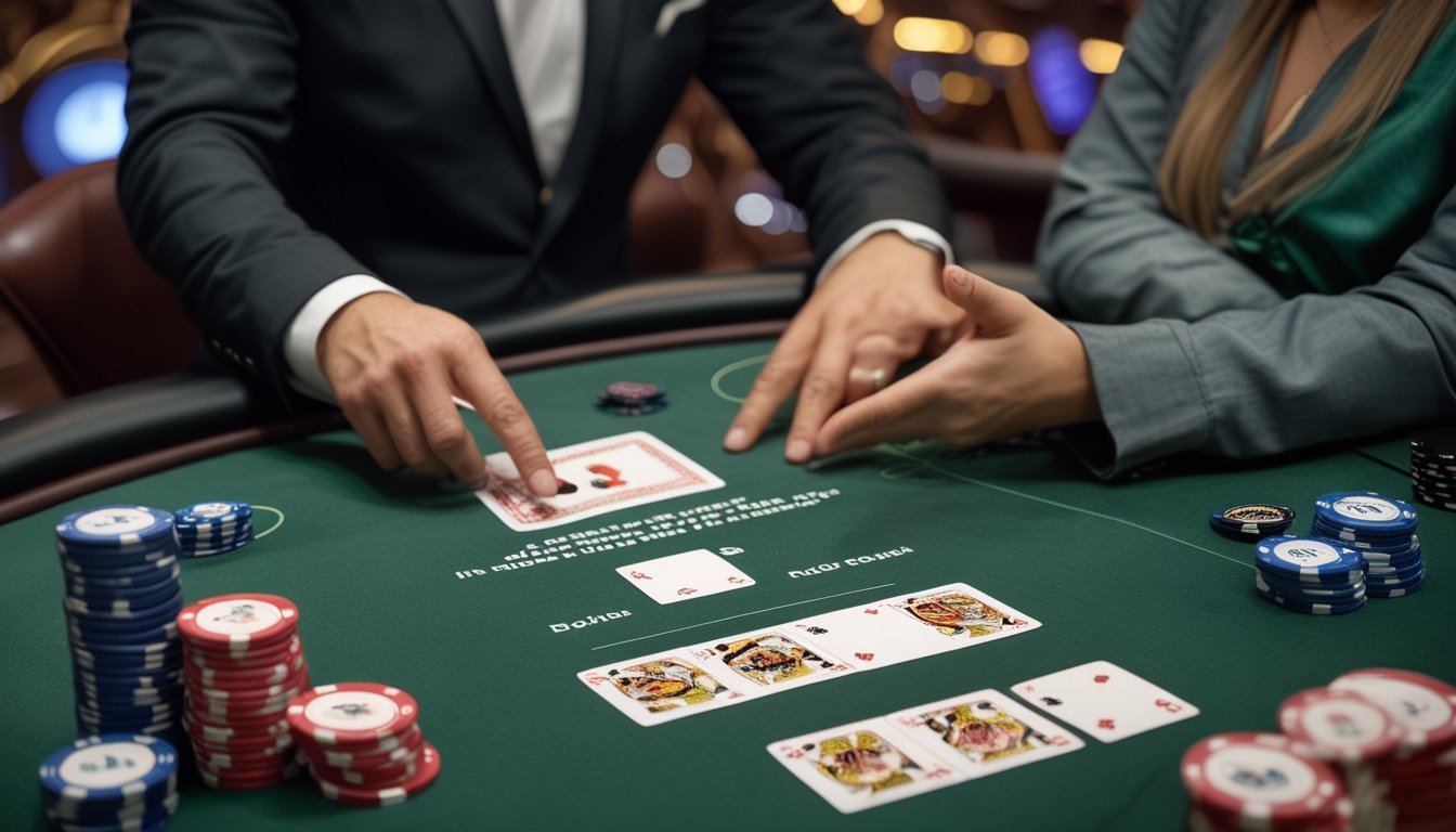 Seorang pemula belajar membagi tujuh kartu Pai Gow Poker menjadi dua kelompok di meja kasino dengan bantuan dealer.