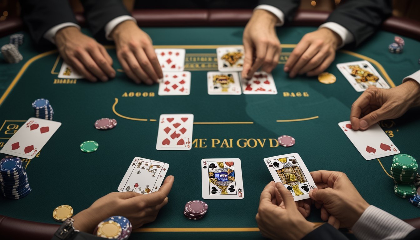 Tangan dealer menyusun tujuh kartu poker menjadi satu kelompok lima kartu dan satu kelompok dua kartu di atas meja kasino.