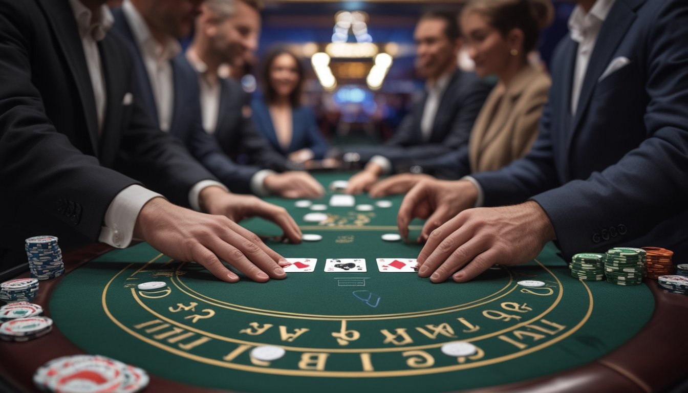 Meja Pai Gow Poker dengan kartu, keping taruhan, dealer, dan pemain di kasino.