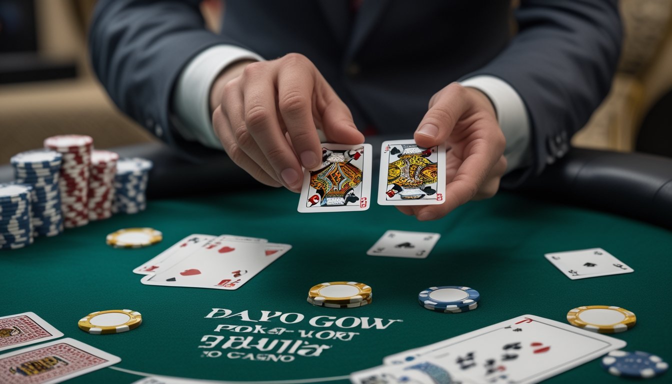 Tangan dealer menyusun tujuh kartu menjadi dua kelompok di atas meja poker dengan keping taruhan di sekitarnya.