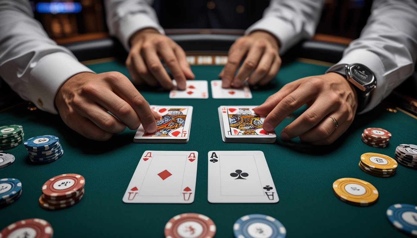 Tangan pemain sedang menyusun tujuh kartu Pai Gow Poker menjadi dua kelompok di atas meja kasino.