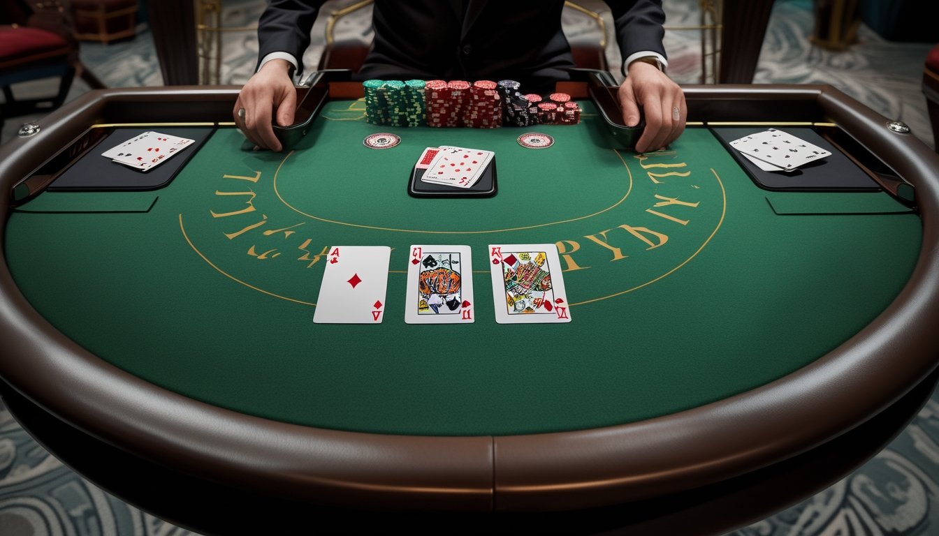 Kartu Pai Gow Poker tersusun menjadi satu tangan lima kartu dan satu tangan dua kartu di atas meja kasino.
