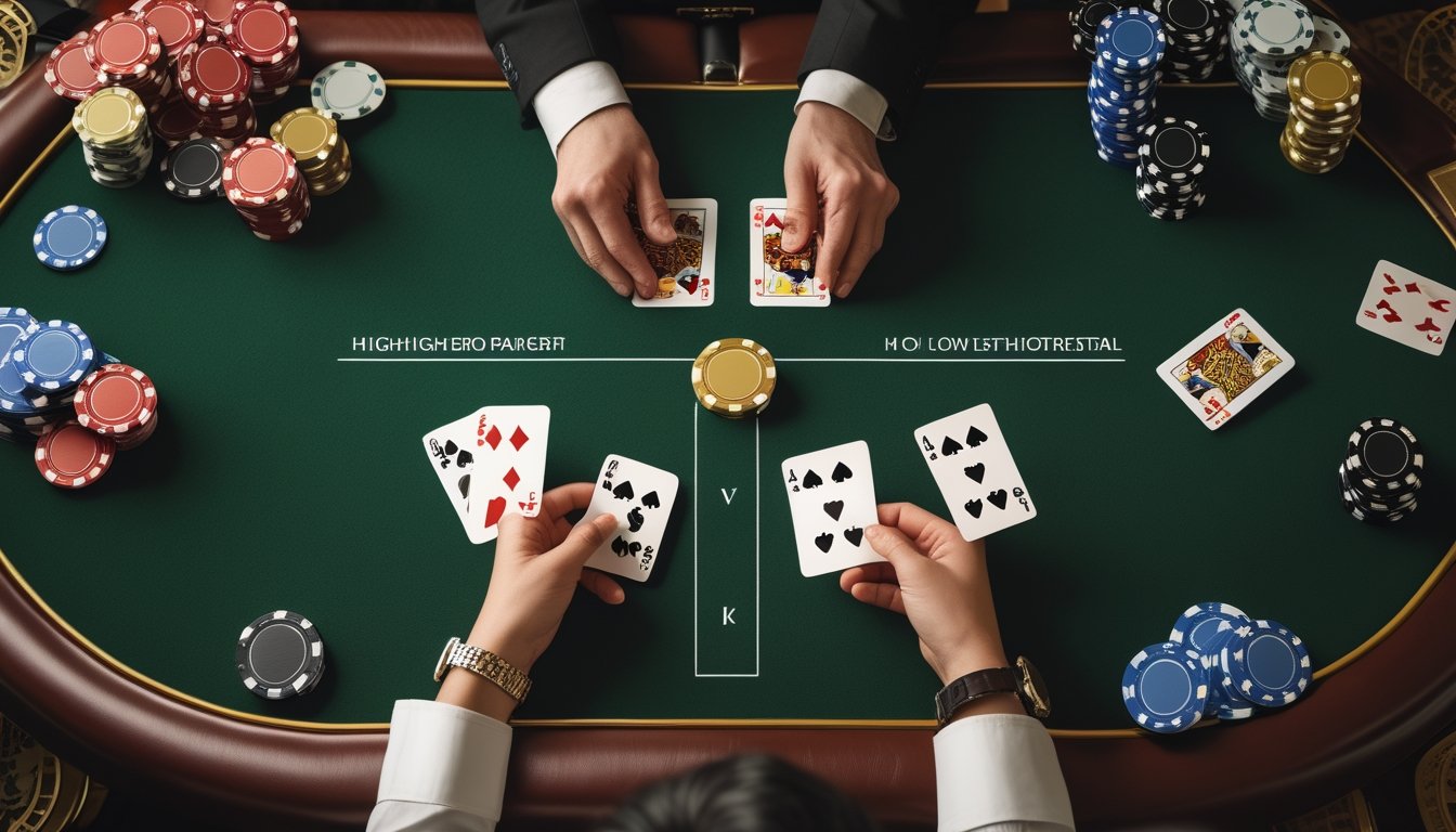 Kartu remi tersusun dalam kombinasi dua tangan di atas meja poker hijau, dengan keping kasino dan tangan pemain yang sedang membandingkan susunan kartu.