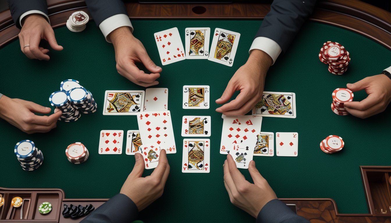 Tangan pemain menyusun kartu Pai Gow Poker menjadi kombinasi tinggi dan rendah di atas meja kasino.