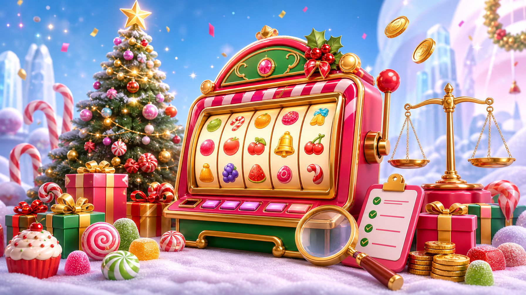 A Festive CandyThemed Slot Machine Surrounded By Christmas Decorations, Presents, Sweets, Coins, And Review Symbols.
