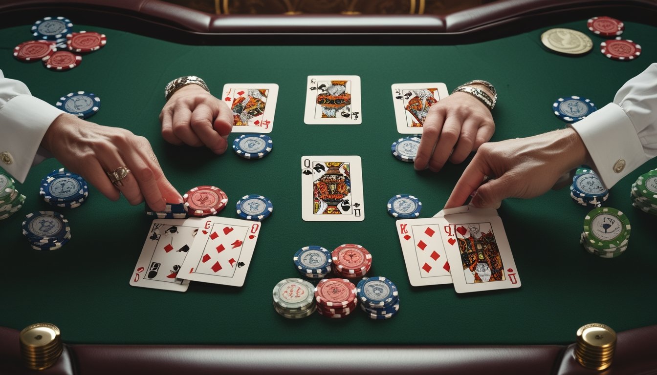 Tangan dealer menyusun kartu Pai Gow Poker di atas meja kasino dengan chip taruhan di beberapa area.