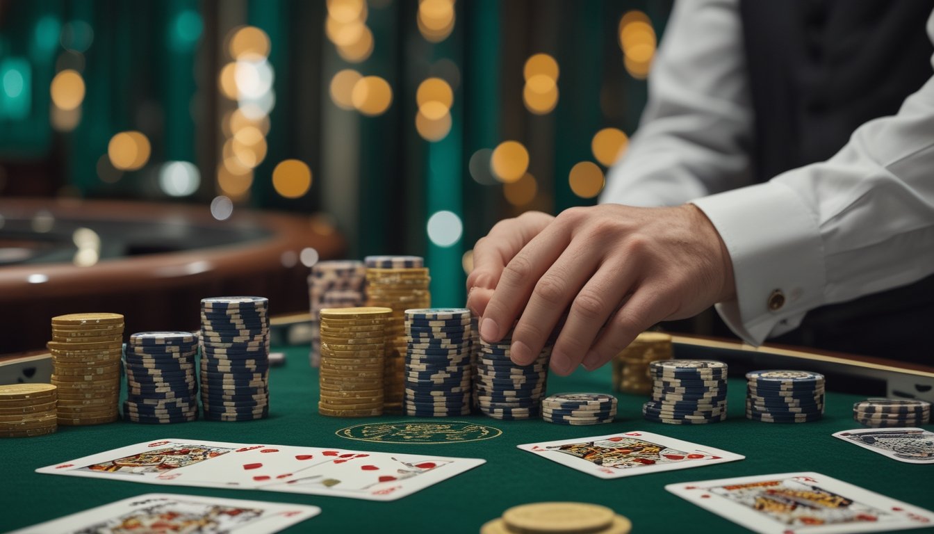 Meja Pai Gow Poker dengan kartu, keping kasino, dan area taruhan sampingan yang tertata rapi.