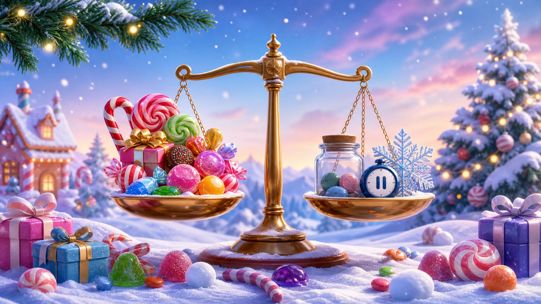 A Festive Winter Arrangement Of Colorful Sweets And Gifts Balanced On A Scale Beside A Small Spending Jar And Paused Timer.