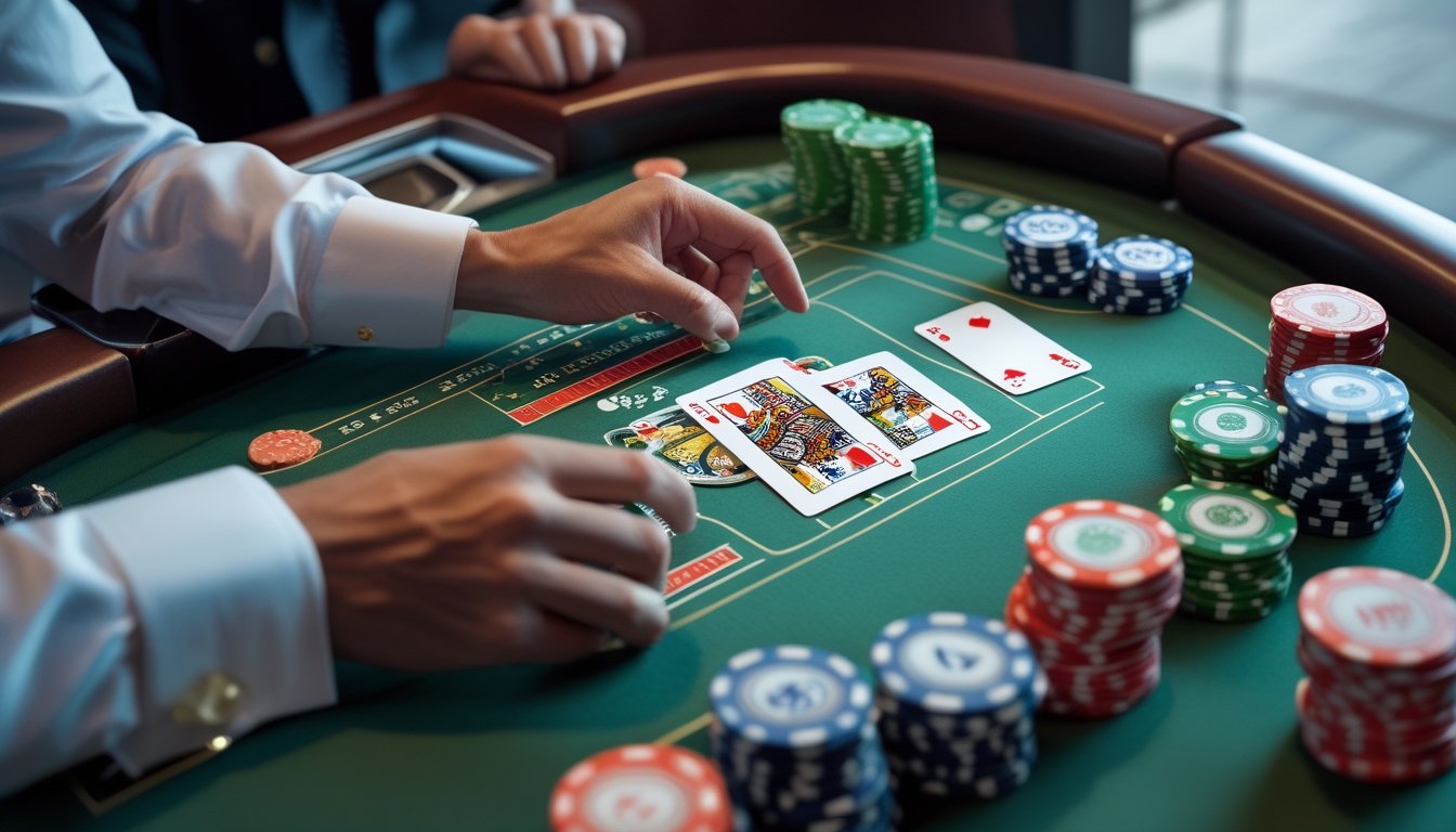 Meja kasino dengan kartu Pai Gow Poker, tumpukan chip, dan tangan dealer yang sedang menata kartu.