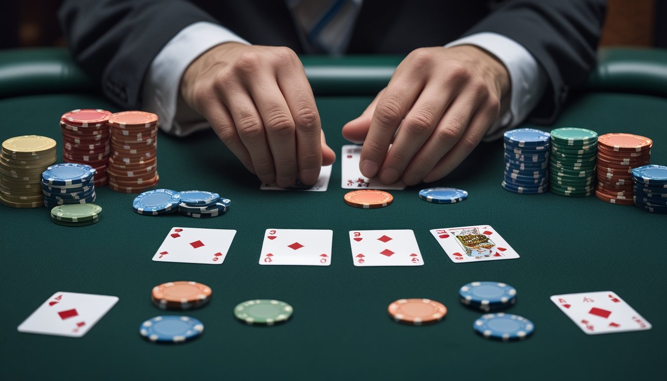 Dealer menyusun kartu Pai Gow Poker menjadi dua kelompok di atas meja kasino dengan tumpukan chip di dekatnya.