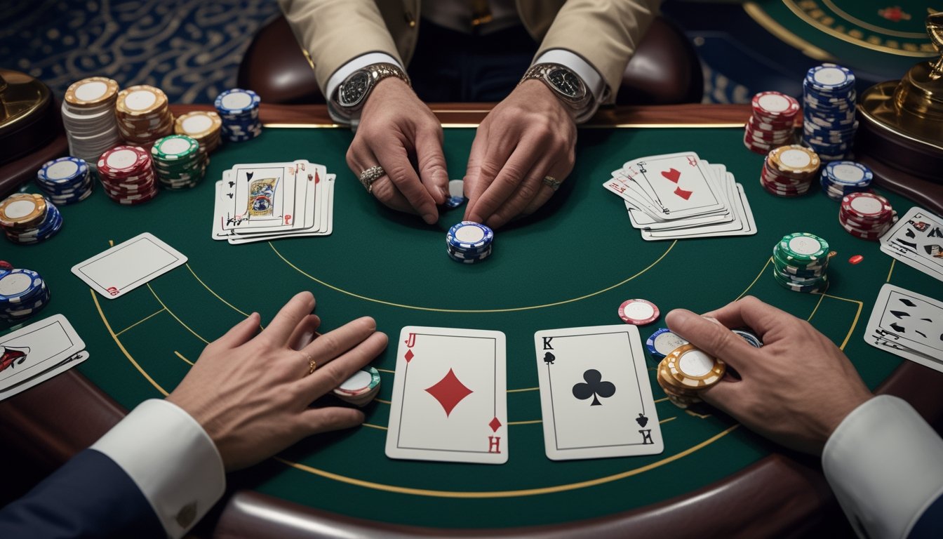 Dealer menata kartu Pai Gow Poker dengan kartu joker dan keping taruhan di atas meja kasino.